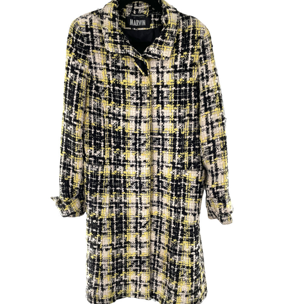 𝅺marvin richards yellow, black, white tweed coat